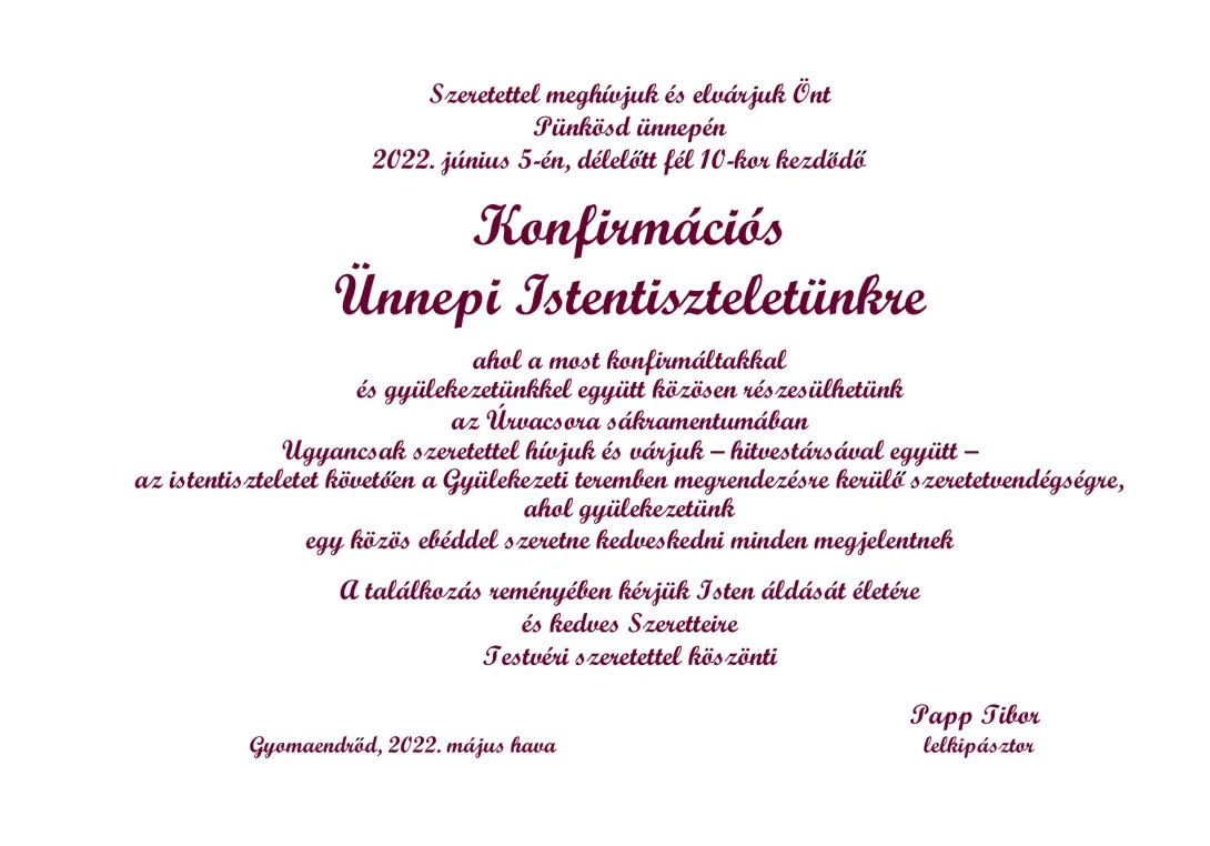 Meghívó konfirmáltal találkozójára